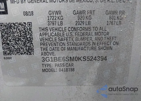 2019 Chevrolet Cruze Lt from USA, damaged, VIN 3G1BE6SM0KS524394